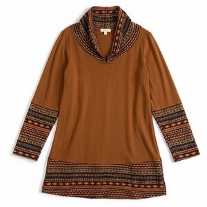 Boho Bebonnie Women's Brown Tunic with Patterned Accents - Size Large